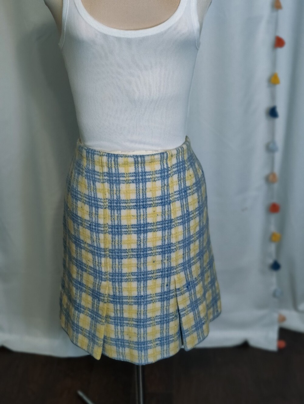 Vintage 70s Tweedy Kick Pleat Mini Skirt Blue Yellow Plaid Schoolgirl Academia S